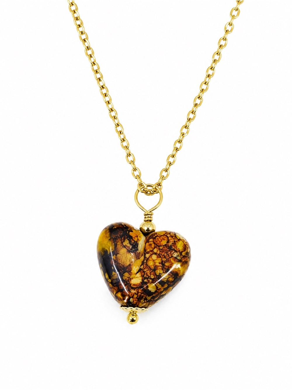 Gold-Tone Brown Marbled Heart Pendant Necklace - Golden Stainless Chain